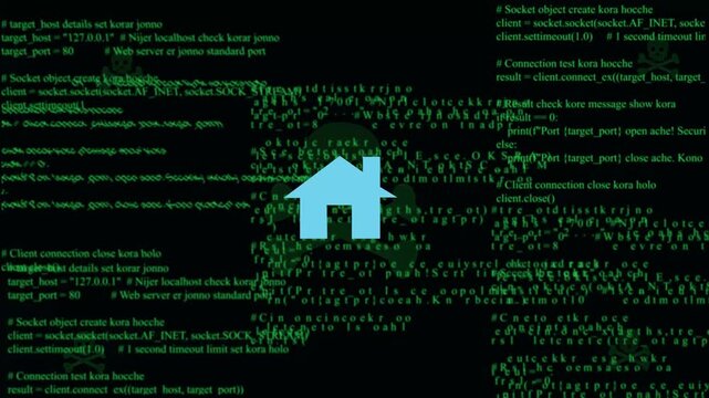 Cyber security threat alert featuring a digital house surrounded by malicious hacking code and warning skull symbols on a dark background, representing network vulnerability, and data privacy risks