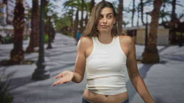 Young woman points finger, revealing bare midriff in white tanktop on a palm lined street promenade with lampposts; playful doubt.