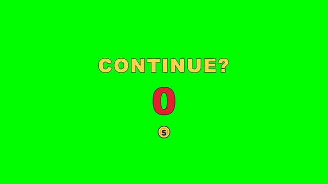 4K green screen CONTINUE arcade game HUD - an arcade continue countdown ticking from nine with a coin, retro gaming motion graphics overlay for streamers and gamers, chroma key
