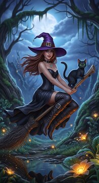 Moonlit Flight of the Sorceress and Familiar