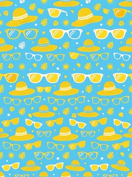 Bright summer pattern with yellow hats and sunglasses on blue