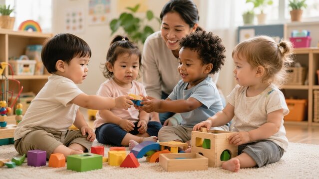 Four toddlers play together with colorful wooden blocks while a smiling caregiver watches them in a bright, cozy classroom setting.