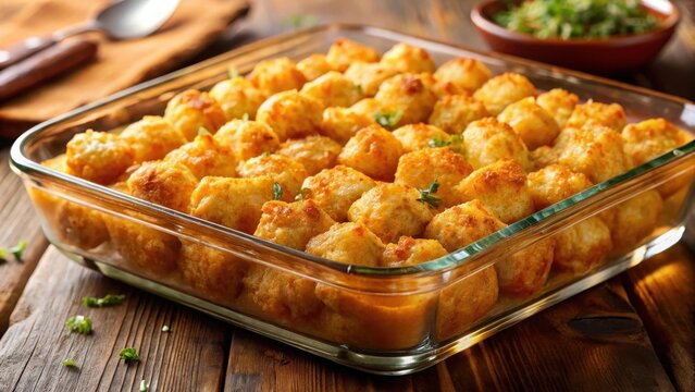 A goldenbrown delicious tater tot casserole with creamy filling nestled snugly in a crystal glass baking dish
