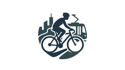 Fototapeta premium Silhouette of a cyclist riding a bike through an urban cityscape.