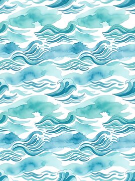 Blue watercolor ocean waves seamless pattern background