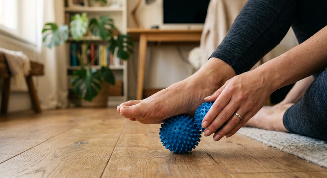 Woman massaging her foot with a blue spiky massage ball at home.