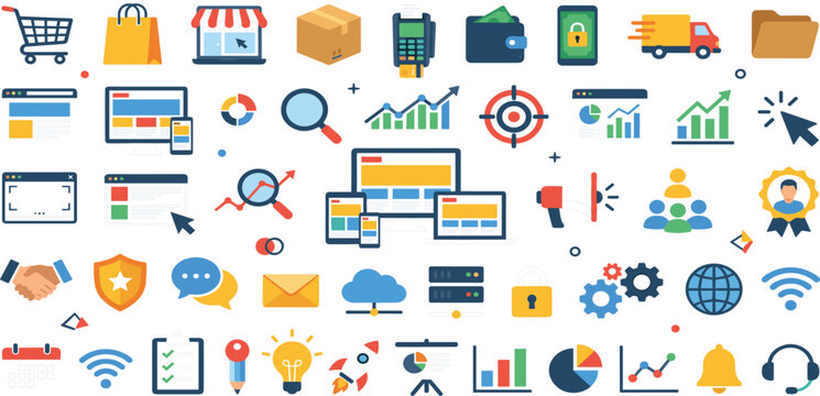 Modern Flat E-commerce and Business Marketing Icon Set Featuring Online Shopping Retail Charts Responsive Web Templates and Corporate Strategy Graphics