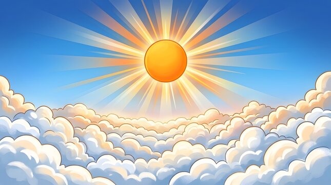 Cartoon sun shining above fluffy clouds bright sky illustration