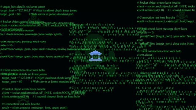 Cyber security threat visualization featuring animated green programming code lines and digital skull and crossbones warning over a dark background, for advanced network, protection concepts