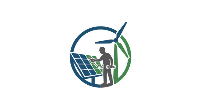 Renewable energy logo featuring a solar panel wind turbine and worker silhouette.