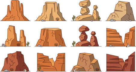 Desert Rock Formation Collection Vector Illustration Set with Canyon Cliffs, Sandstone Buttes, Boulders, and Arid Landscape Elements Isolated © Anowara