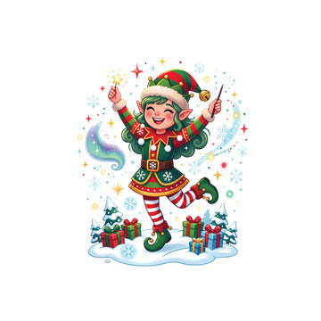 A cheerful elf dancing joyfully outdoors in winter with festive decorations and gifts.