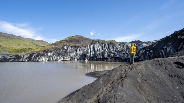 Tourist standing on the lakeshore, glacial fracture on glacier tongue with lake, S&oacute;lheimaj&ouml;kull, South Iceland, Iceland