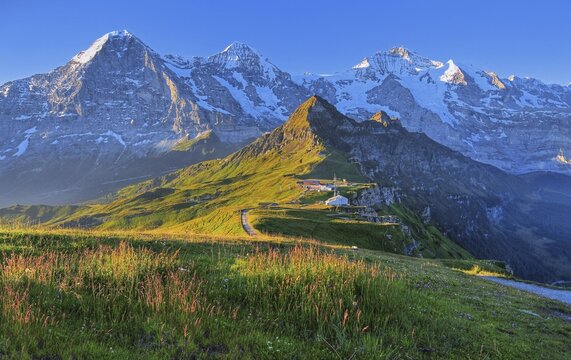 Panorama from the M&auml;nnlichen with the triumvirate of the Eiger, M&ouml;nch and Jungfrau massif, Wengen, Jungfrau region, Bernese Alps, Bernese Oberland, Canton of Bern, Switzerland, UNESCO World Natural Heritage