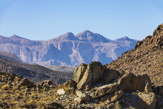 Boulders at dawn, behind the highest mountain in Oman, Jebel Shams, Arabian Peninsula, Sultanate of Oman