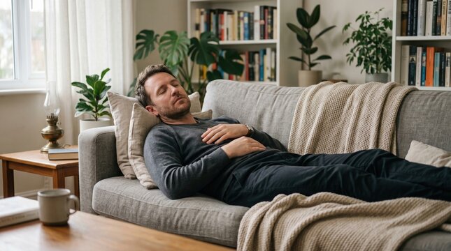 Middle aged man resting peacefully on a comfortable living room sofa