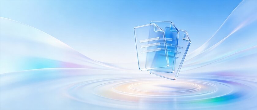 Transparent document file icons on abstract blue gradient background with copy space, modern digital document management concept, idea for cloud office presentation