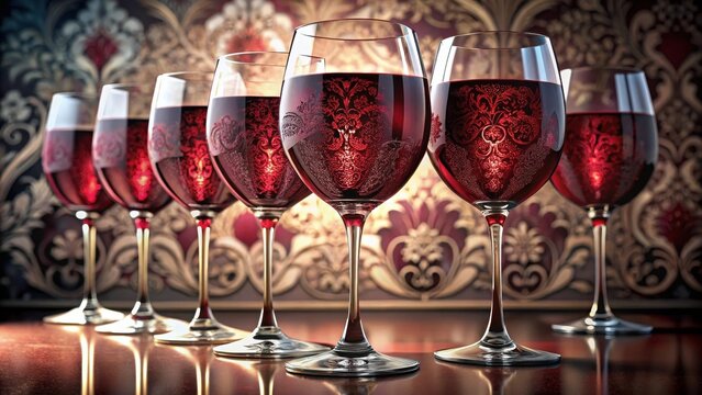 Delicate etchings adorn crimsonhued wine glasses with an elegant seamless pattern exuding sophistication and refined luxury