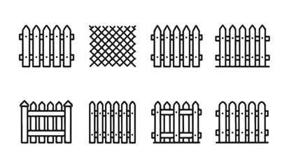 Obraz premium Set of black line fence icons, various wooden and mesh fences in simple outline design.