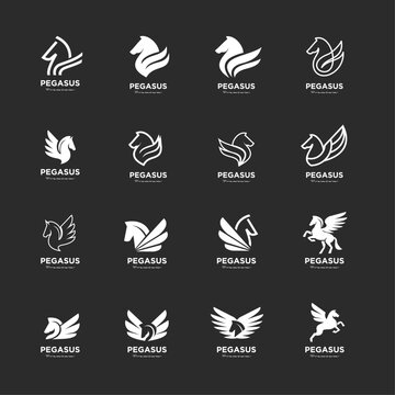 Pegasus logo design collection, modern vector icons featuring mythical winged horses for branding and identity.