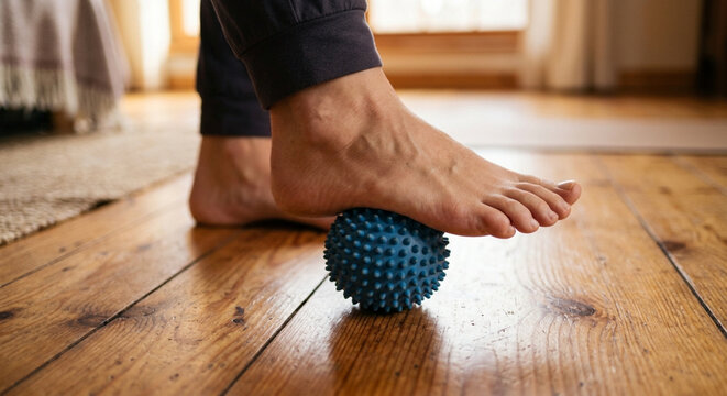 Person using a blue spiky massage ball to relieve foot pain at home.