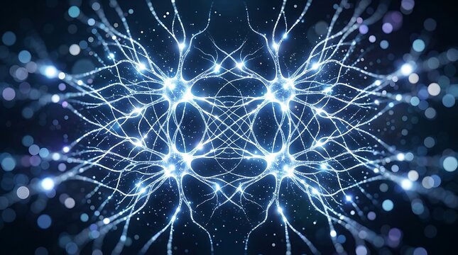 Glowing blue neural network with interconnected brain cell synapses