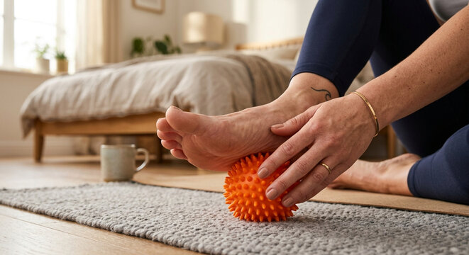 Person using a spiky massage ball for foot reflexology and muscle relief at home.