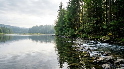 Peaceful mountain river with clear water and forest landscape © Efendi