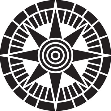 Circular compass rose or sun symbol featuring a central star shape with concentric circles and a segmented outer ring on white