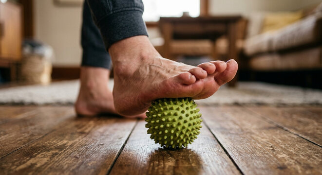 Close-up of a person's bare foot massaging with a spiky green ball on a wooden floor for pain relief and self-care.