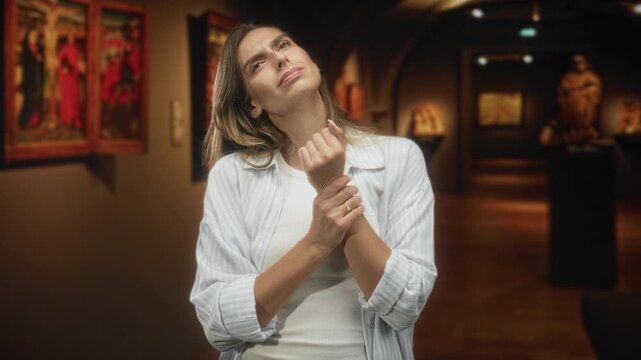 Woman holding wrist and gazing upward inside a dim museum building while wearing a white shirt and visible rings; quiet contemplation.