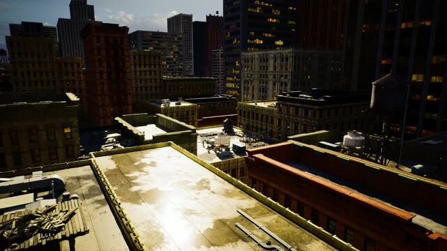 Sunlit rooftop reflection with puddles and skyline, maintenance implied by nearby vent and toolcase, warm golden light casting long shadows across concrete