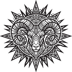 Fototapeta premium Detailed black and white ram head inside a circular geometric frame with sharp radiating spikes, isolated on a white background