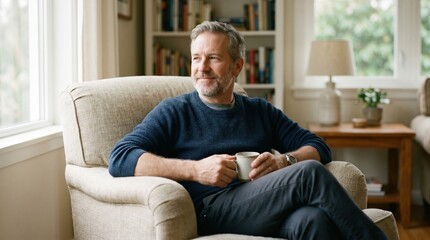 Fototapeta premium Middle aged man relaxing in an armchair with a warm cup of coffee