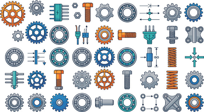 Large collection of mechanical gears, electronic components, bolts, and industrial engineering icons vector illustration