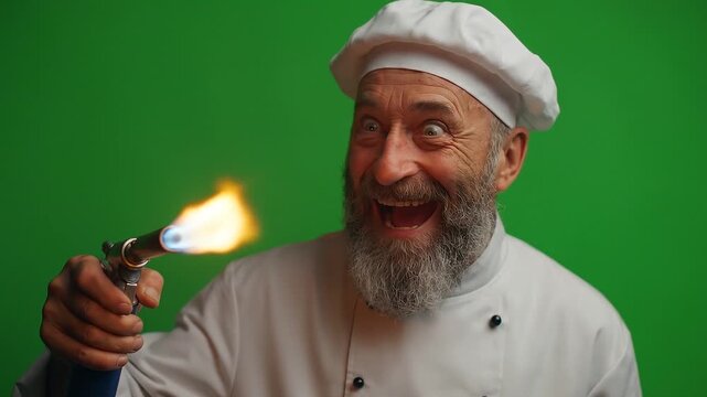 Professional Chef Using Culinary Blowtorch with Manic Supervillain Glee.
