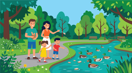 Fototapeta premium Vector art of a family feeding ducks beside a peaceful park lake, featuring joyful holiday moments, green trees, calm water, and cheerful outdoor fun.