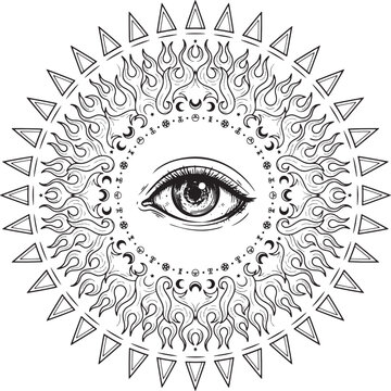 Mystical eye mandala with flame motifs and geometric triangle border, black and white on a white background, occult