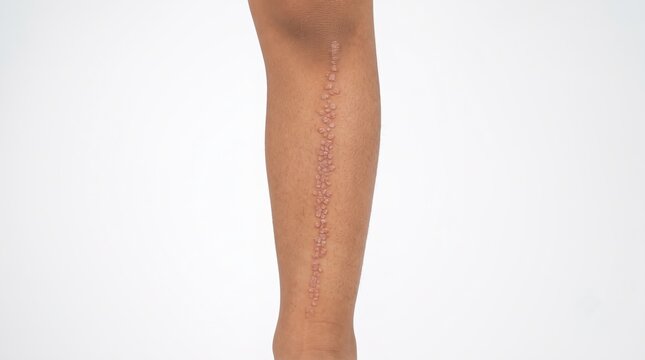 Linear streak of raised brownish papules on lower leg from linear verrucous epidermal nevus