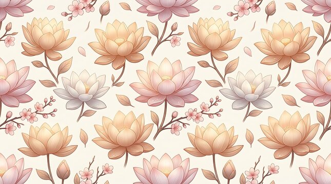 Soft pink lotus and sakura flower pattern on cream background