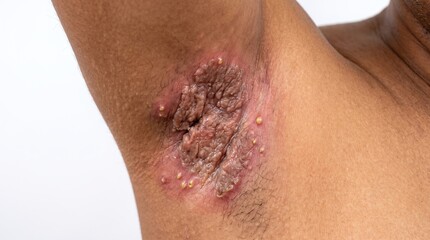 Fototapeta premium Severe verrucous plaques and suppurative pustules breakout in an axilla from hidradenitis suppurativa