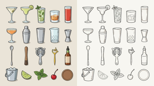 Collection of colorful and monochrome cocktail ingredients, drinks, and bar tools, presented in a grid layout.