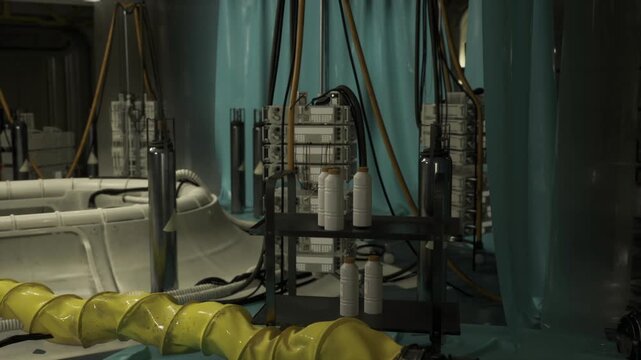 Dim industrial maintenance bay with hoses, racks of pressurized cylinders, yellow segmented suction hose snaking across wet deck, teal partition curtains,