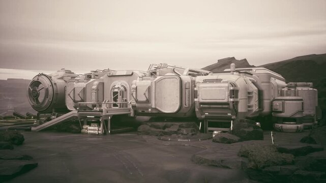 Remote research module on rocky plain, surrounded by basalt outcrops, weathered metal, solar panels, access ladder, science instruments, ambient dusk light,