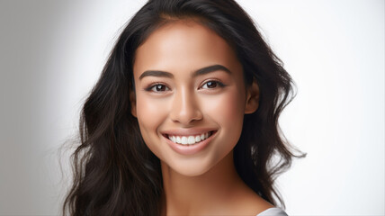 Naklejka premium Radiant Smile: A young woman with a beautiful, natural smile radiates positivity and confidence, her dark wavy hair framing her expressive face.