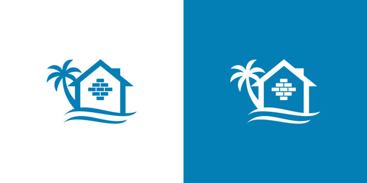 Modern Tropical Beach House Logo Vector with Palm Tree, Ocean Wave, and Brick Wall Icon for Real Estate, Resort, Coastal Property, Construction, and Home Building Branding