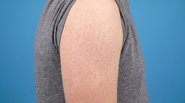 Side view of male arm skin covered with widespread bumpy flesh colored papules of severe keratosis pilaris