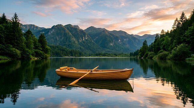 Serene lake and mountain landscape with wooden rowboat at sunset