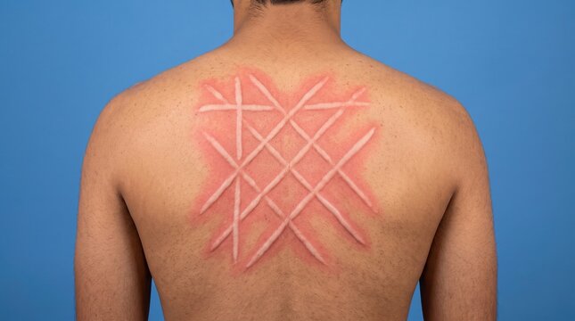 Rear view of man back showing severe linear red swelling urticarial wheals from dermatographia scratching