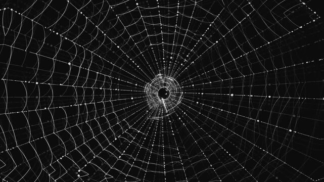 Horizontal seamless loop animation of a white spider web spinning in slow motion on a dark background, ideal for Halloween intros, horror trailers, spooky overlays, cinematic transitions.